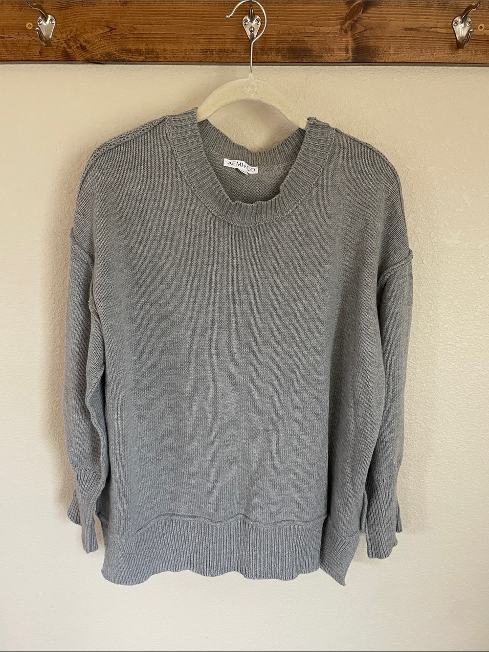 AEMI + Co Cozy Crewneck Sweater M Oversized Gray Minimalist Cotton Neutral Boho